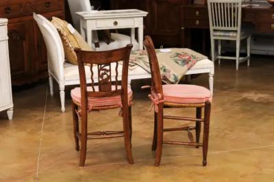 Pair of French Directoire Period Walnut Side Chairs with Carved Stags