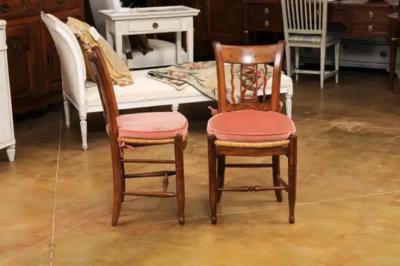 Pair of French Directoire Period Walnut Side Chairs with Carved Stags