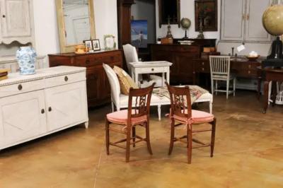 Pair of French Directoire Period Walnut Side Chairs with Carved Stags