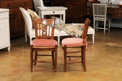 Pair of French Directoire Period Walnut Side Chairs with Carved Stags