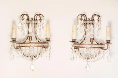 Pair of French Directoire Style Crystal Two Light Sconces with Rosette Motifs