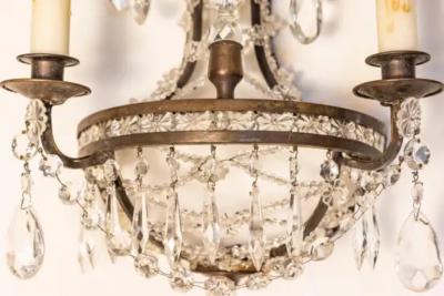 Pair of French Directoire Style Crystal Two Light Sconces with Rosette Motifs