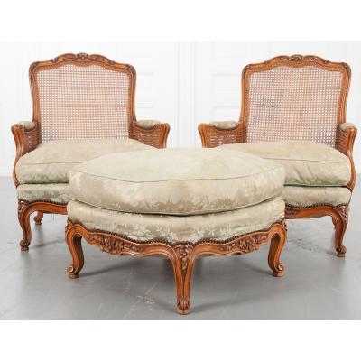 Pair of French Early 20th Century Louis XV Style Bergeres Ottoman