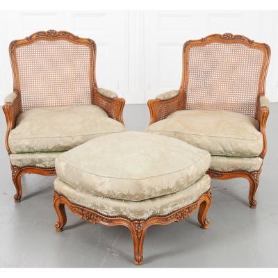 Pair of French Early 20th Century Louis XV Style Bergeres Ottoman