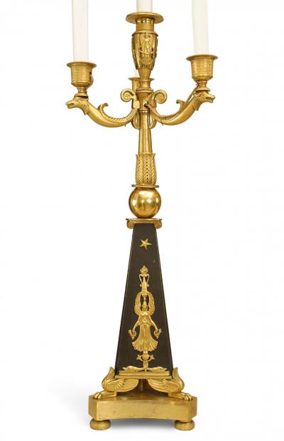 Pair of French Empire Black and Gilt Candelabras with Bird Figures