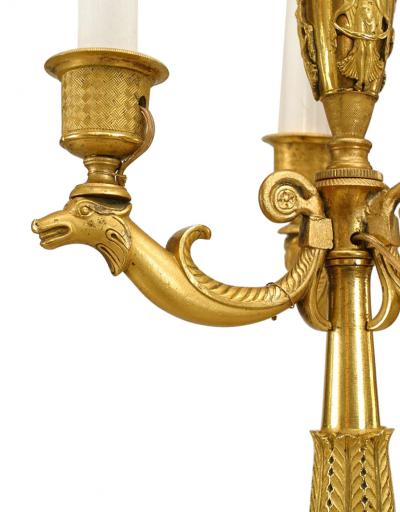 Pair of French Empire Black and Gilt Candelabras with Bird Figures