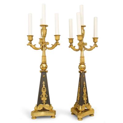 Pair of French Empire Black and Gilt Candelabras with Bird Figures