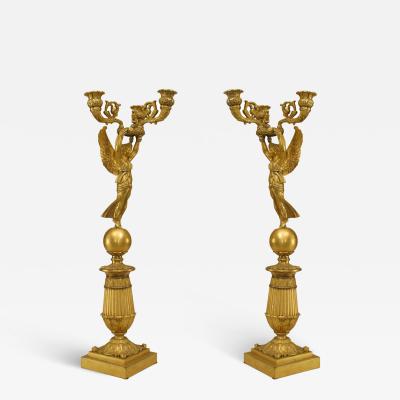 Pair of French Empire Bronze Dore Candelabras with Winged Figures