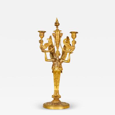Pair of French Empire Bronze Dore Figural Candelabras With Griffins