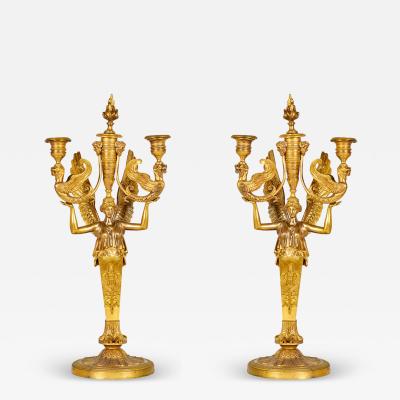 Pair of French Empire Bronze Dore Figural Candelabras With Griffins