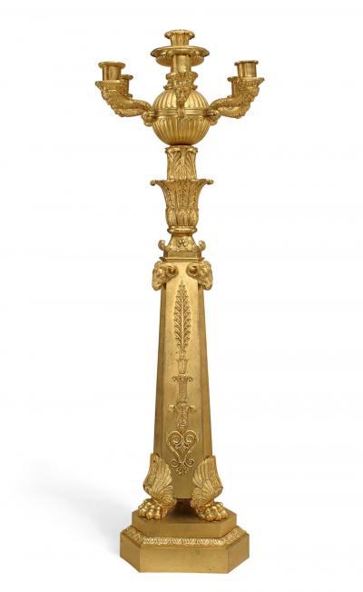 Pair of French Empire Bronze Dore Ram Head Candelabras