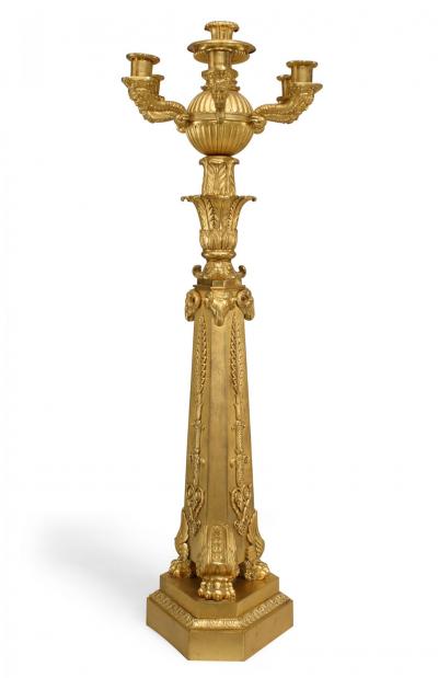 Pair of French Empire Bronze Dore Ram Head Candelabras