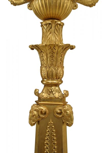 Pair of French Empire Bronze Dore Ram Head Candelabras