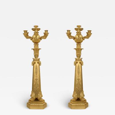 Pair of French Empire Bronze Dore Ram Head Candelabras