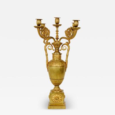 Pair of French Empire Bronze Dore Urn Candelabras