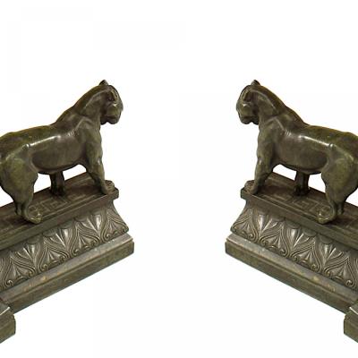 Pair of French Empire Bronze Panther Andirons