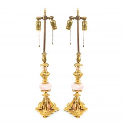 Pair of French Empire Bronze and Quartz Swan Table Lamps