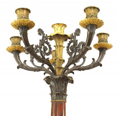 Pair of French Empire Bronze and Rouge Marble Candelabras