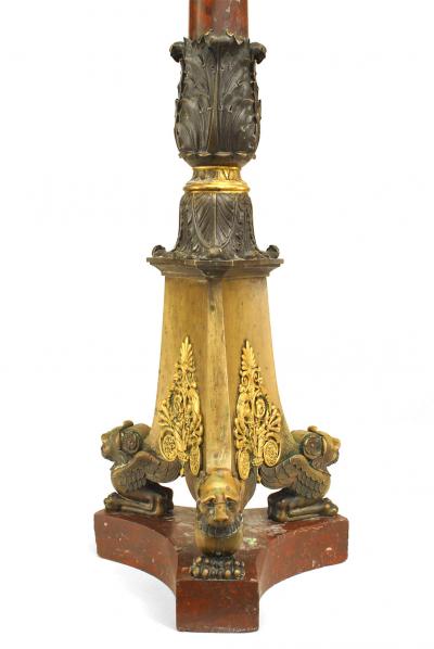 Pair of French Empire Bronze and Rouge Marble Candelabras