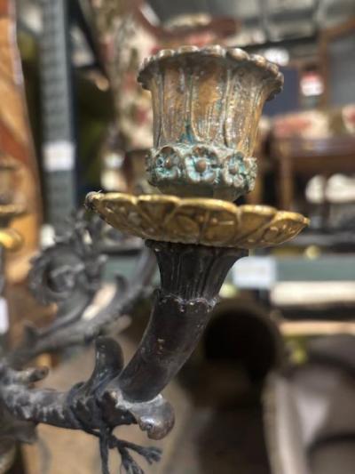 Pair of French Empire Bronze and Rouge Marble Candelabras