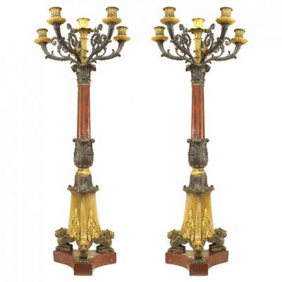 Pair of French Empire Bronze and Rouge Marble Candelabras