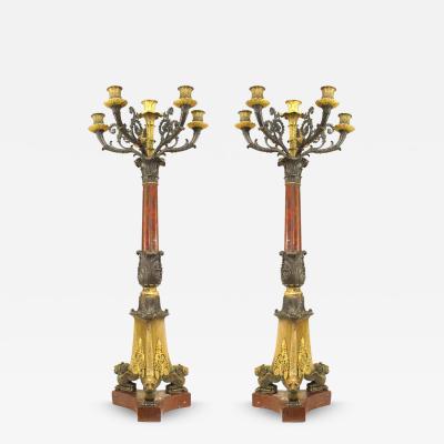 Pair of French Empire Bronze and Rouge Marble Candelabras