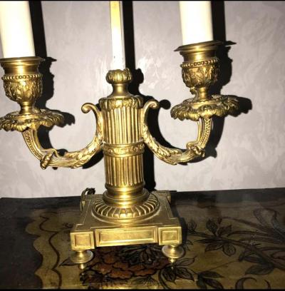Pair of French Empire Gilt Bronze Two Arm Bouillotte Lamps or Table Lamps 1815
