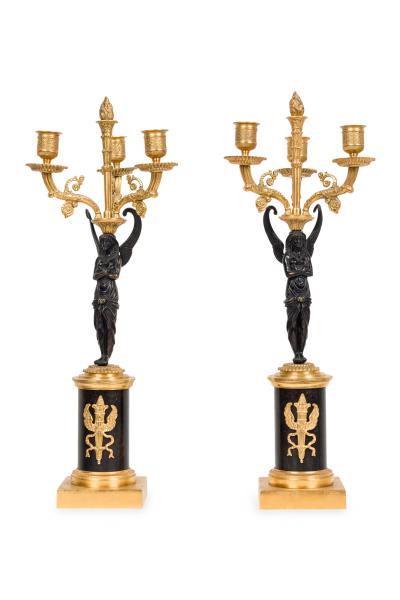 Pair of French Empire Gilt Bronze and Ormalu Candelabras