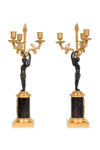 Pair of French Empire Gilt Bronze and Ormalu Candelabras