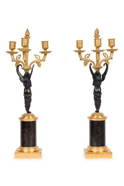Pair of French Empire Gilt Bronze and Ormalu Candelabras