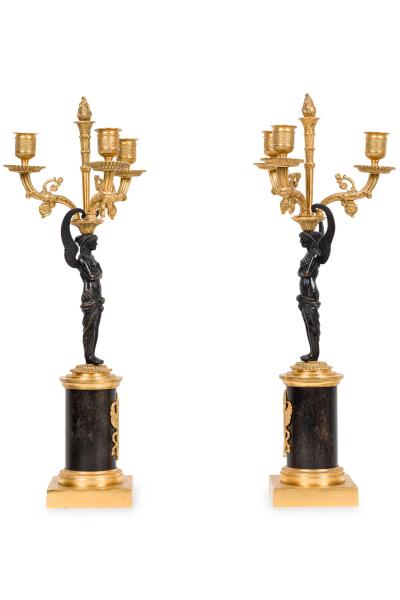Pair of French Empire Gilt Bronze and Ormalu Candelabras