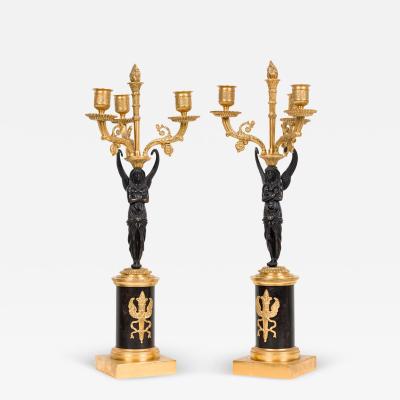 Pair of French Empire Gilt Bronze and Ormalu Candelabras