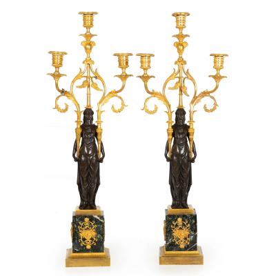 Pair of French Empire Gilt Patinated Bronze Three Light Candelabra ca 1815