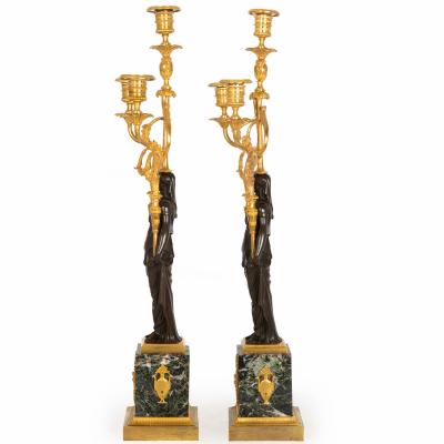Pair of French Empire Gilt Patinated Bronze Three Light Candelabra ca 1815