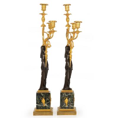 Pair of French Empire Gilt Patinated Bronze Three Light Candelabra ca 1815