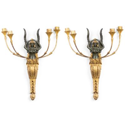Pair of French Empire Gilt Wood and Lacquer Wall Sconces