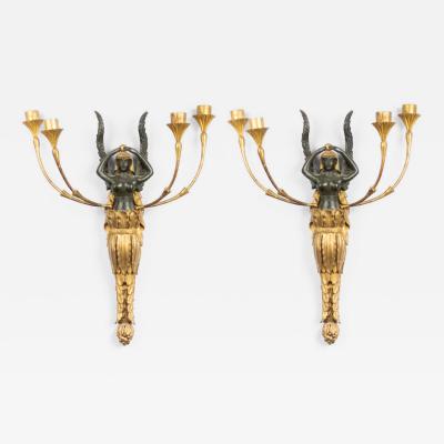 Pair of French Empire Gilt Wood and Lacquer Wall Sconces
