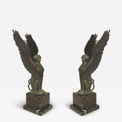 Pair of French Empire Green Patinated Spinxes