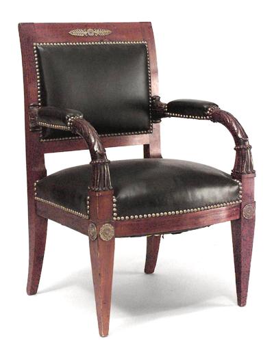 Pair of French Empire Mahogany Leather Armchairs