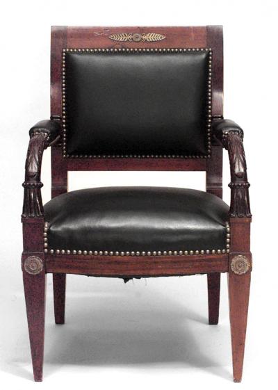 Pair of French Empire Mahogany Leather Armchairs