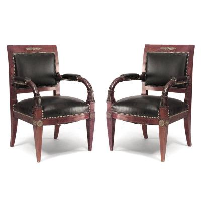 Pair of French Empire Mahogany Leather Armchairs