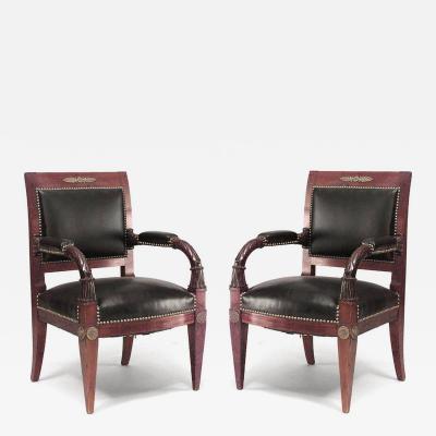 Pair of French Empire Mahogany Leather Armchairs