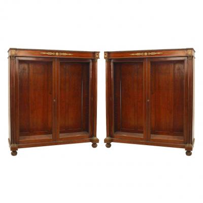 Pair of French Empire Mahogany and Bronze Bookcases