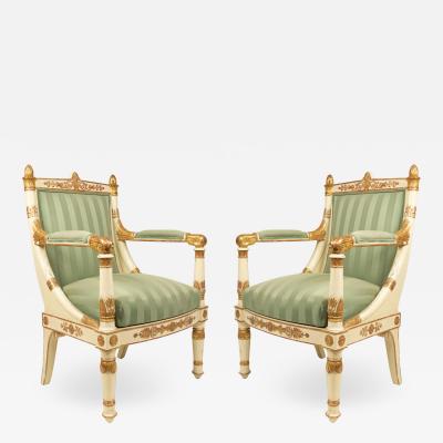 Pair of French Empire Striped Arm Chairs