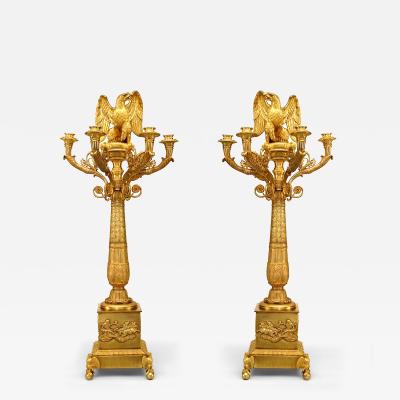 Pair of French Empire Style Bronze Dore Candelabra with Eagle Figures