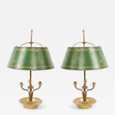 Pair of French Empire Style Bronze Table Lamps with Green Tole Shade