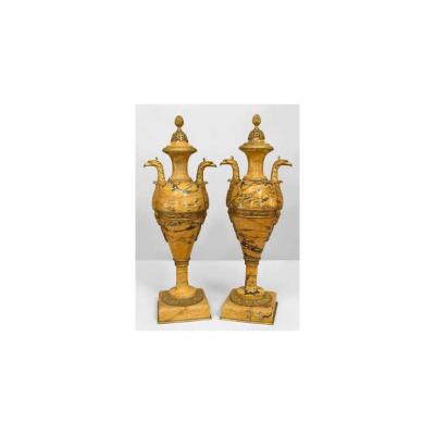 Pair of French Empire style 19th Cent yellow marble urns