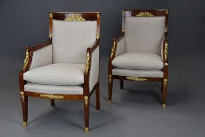 Pair of French Empire style mahogany upholstered armchairs