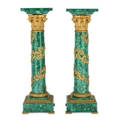 Pair of French Empire style malachite and gilt bronze pedestals
