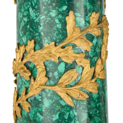 Pair of French Empire style malachite and gilt bronze pedestals
